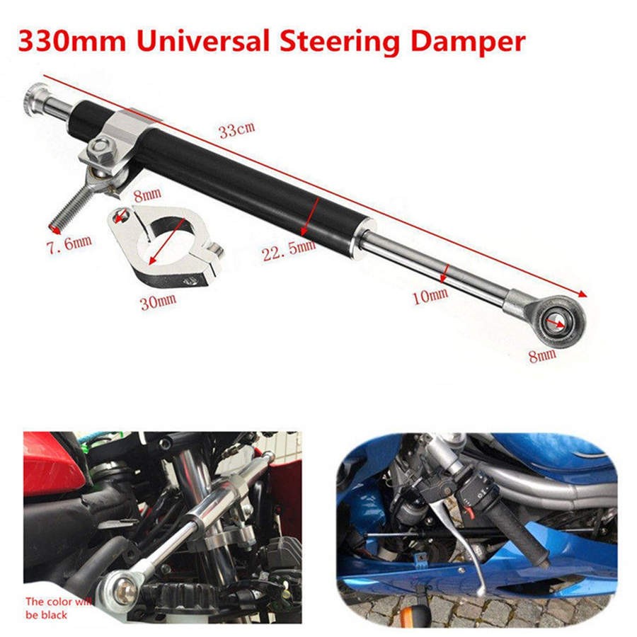 1PC 330mm Universal Motorcycle Black Aluminum Steering Damper Adjust Stabilizer 